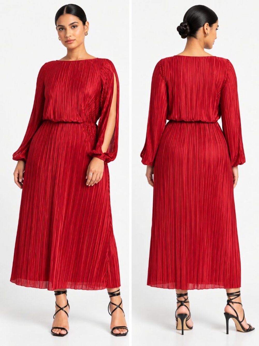 ELOQUII Red Plissé Satin Open Sleeve Midi Wedding Guest Dress 18 NWT